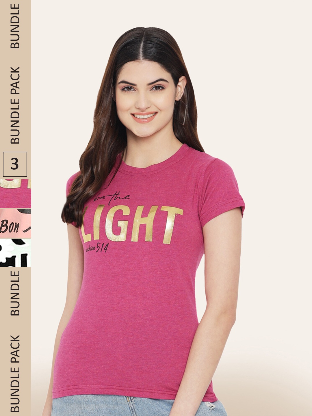 BAESD Pack Of 3 Typography Printed Cotton T-shirts, Pink
