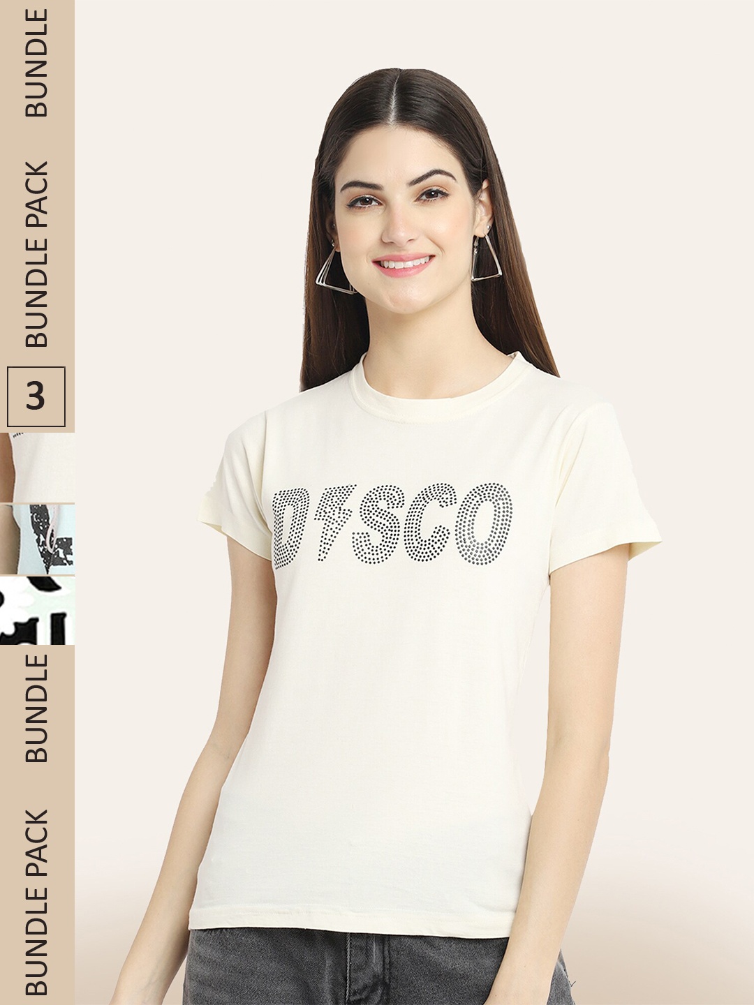 

BAESD Pack Of 3 Typography Printed Cotton T-shirts, Cream