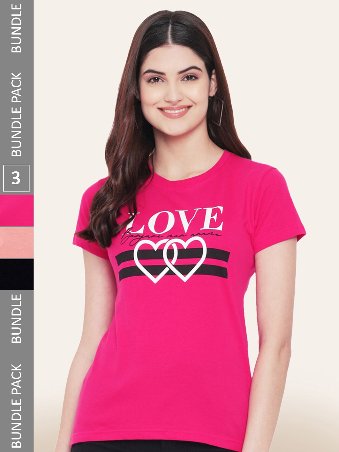 

BAESD Pack Of 3 Printed Round Neck Cotton T-Shirts, Pink
