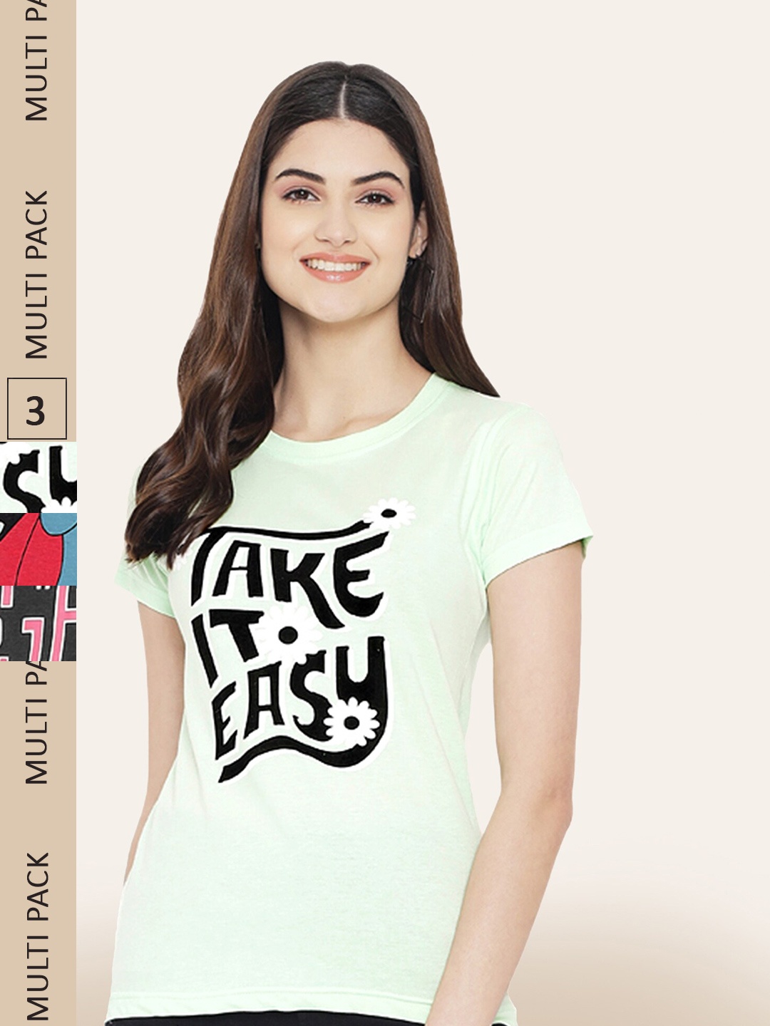 

BAESD Women Pack Of 3 Printed Cotton T-shirt, Green