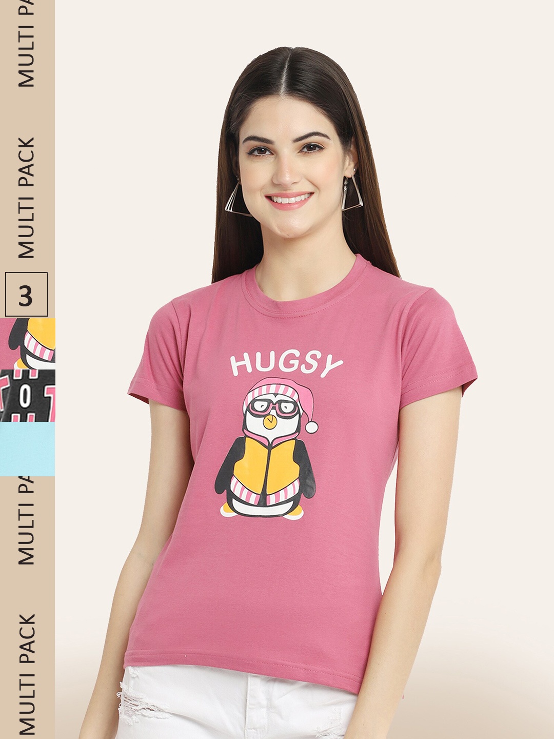 

BAESD Pack Of 3 Typography Printed Cotton T-shirt, Pink