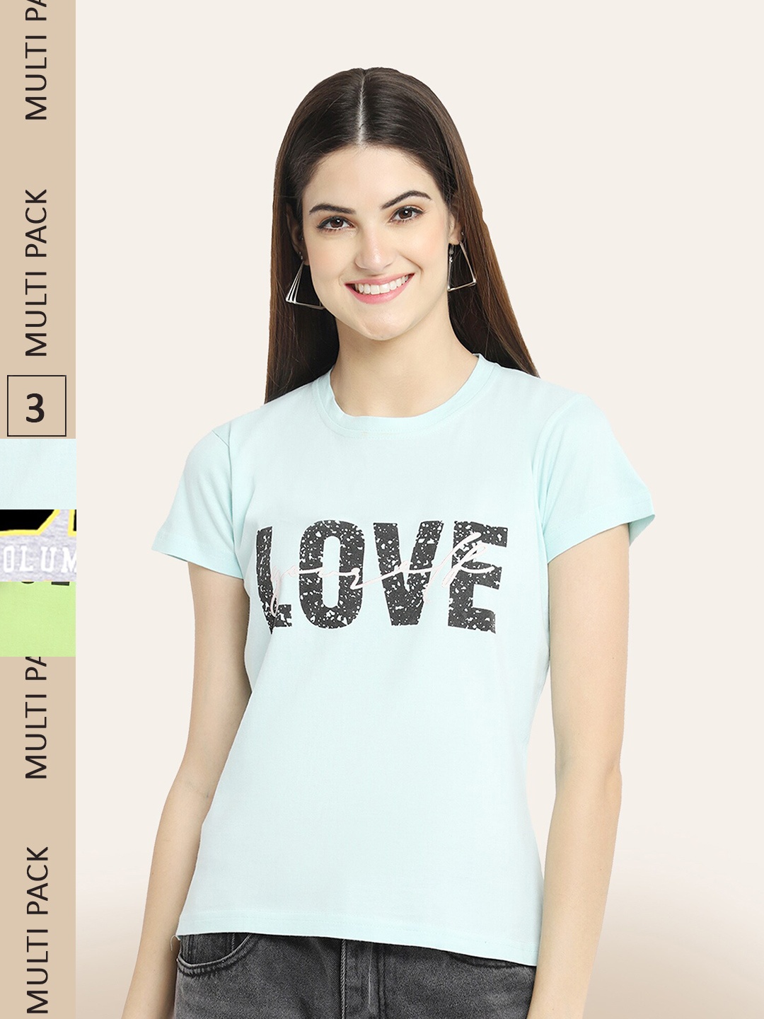 

BAESD Pack Of 3 Round Neck Printed Cotton T-shirt, Blue