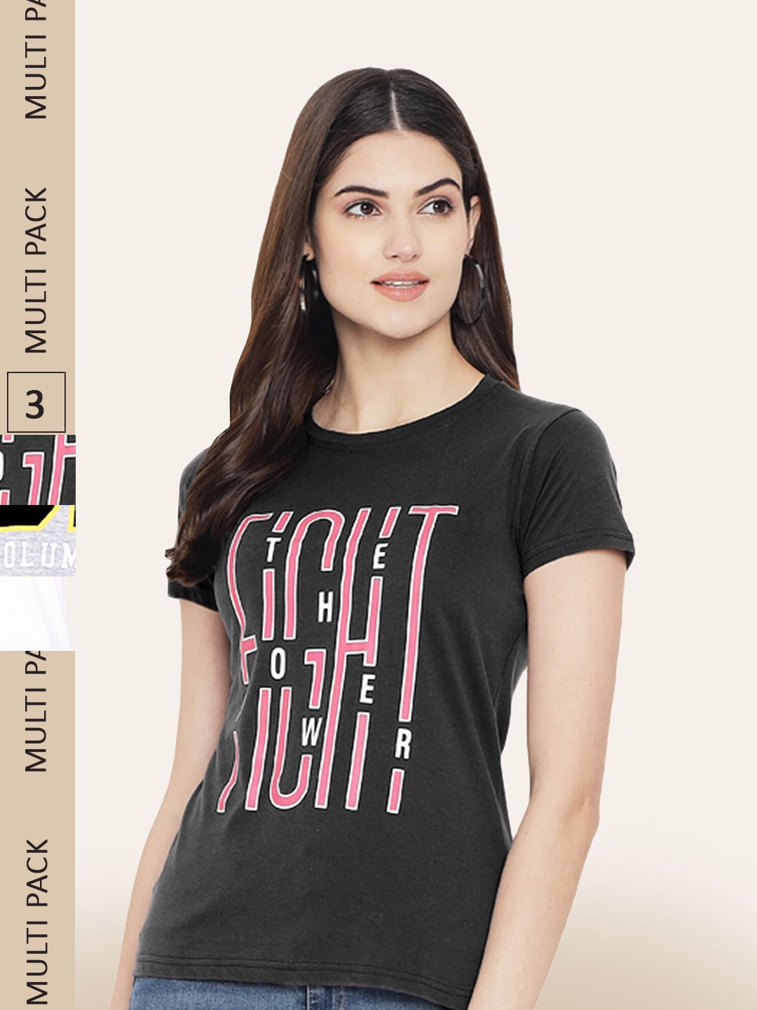 

BAESD Women Pack Of 3 Typography Printed Cotton T-shirt, Charcoal