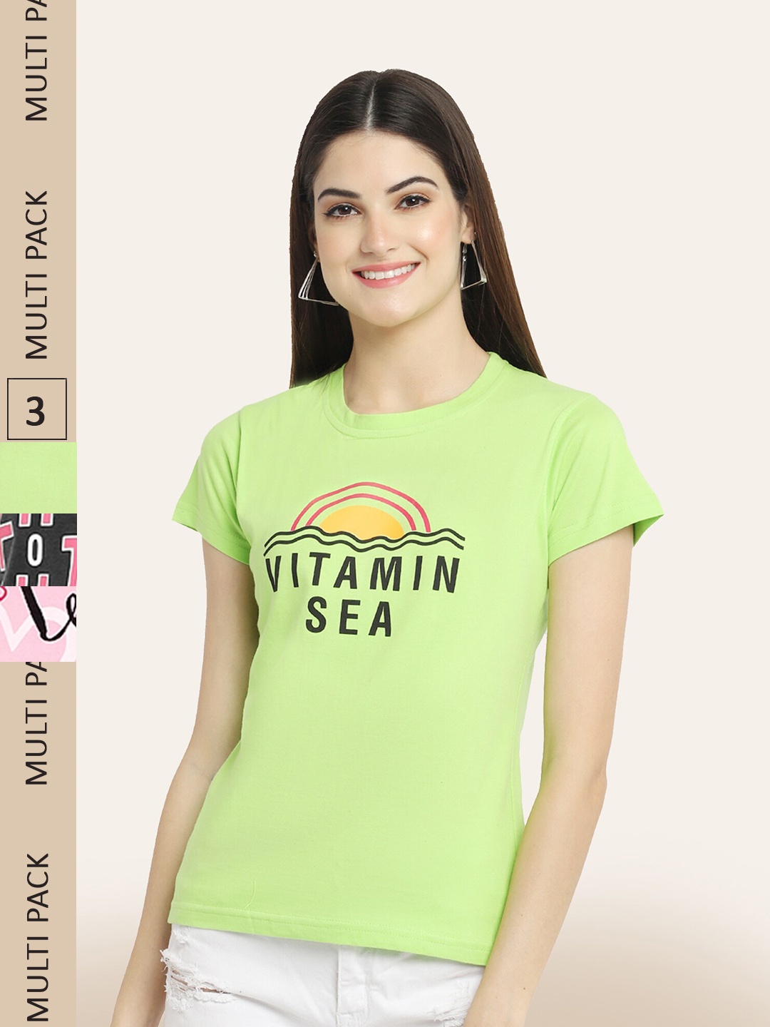 BAESD Pack Of 3 Printed Round Neck Cotton T-shirts, Green