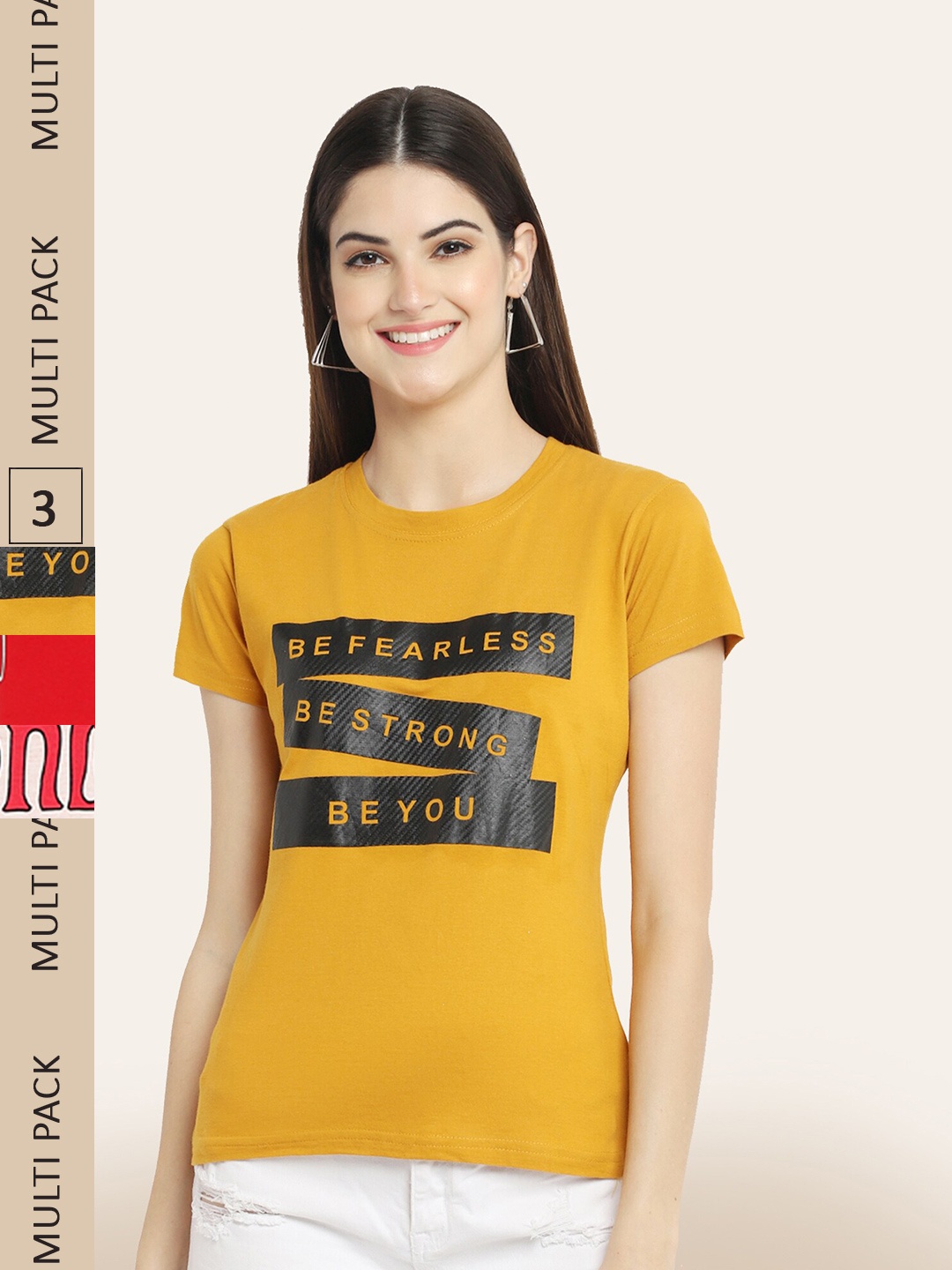 

BAESD Pack of 3 Typography Printed Cotton T-shirt, Mustard