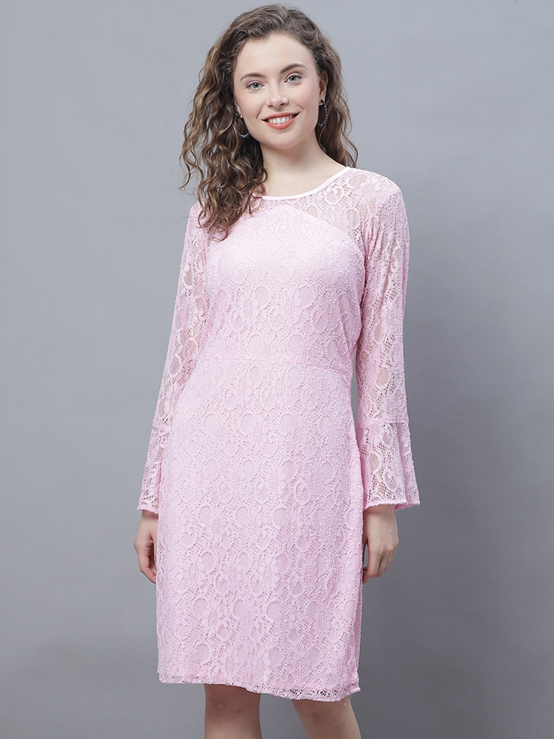 

Karmic Vision Round Neck Bell Sleeves Self Designed Sheath Dress, Pink
