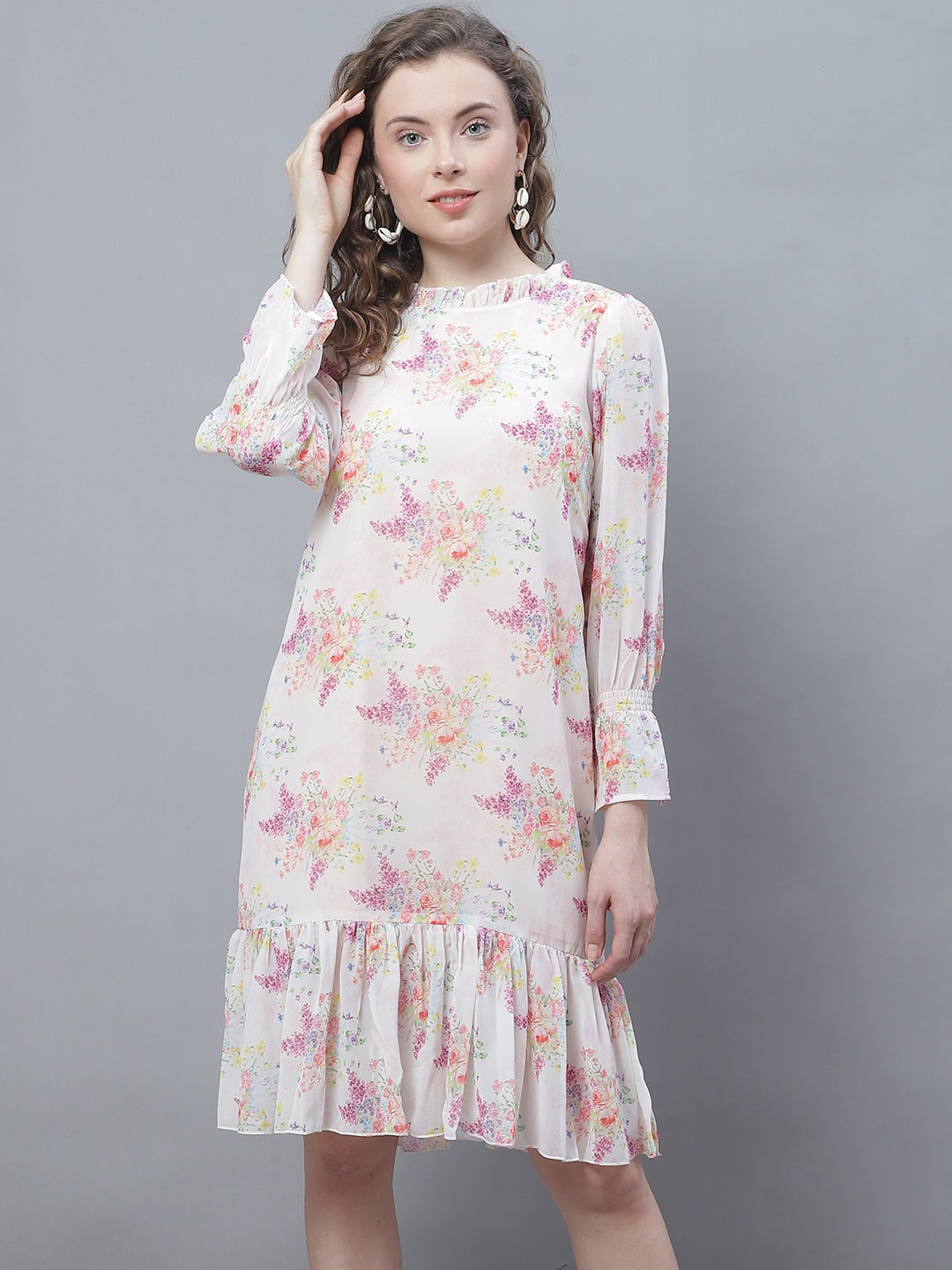 

Karmic Vision Floral Printed Cuffed Sleeves Drop Waist Dress, Off white