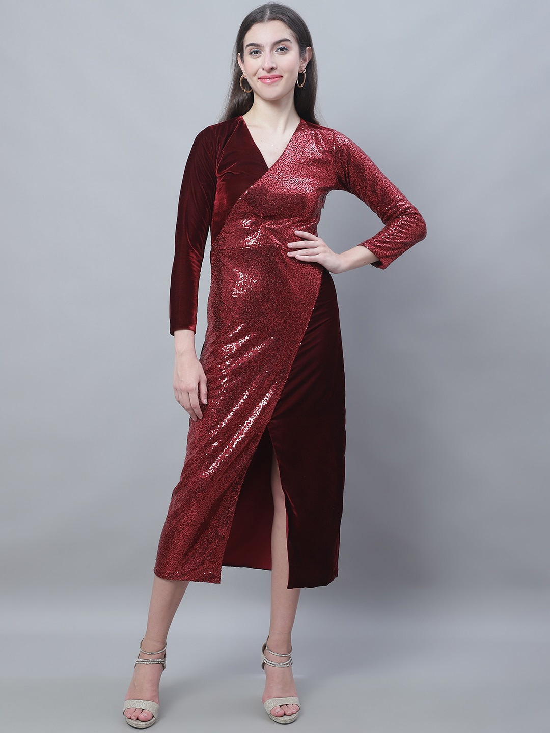 

Karmic Vision Sequin Embellished Middle slit Midi Dress, Maroon