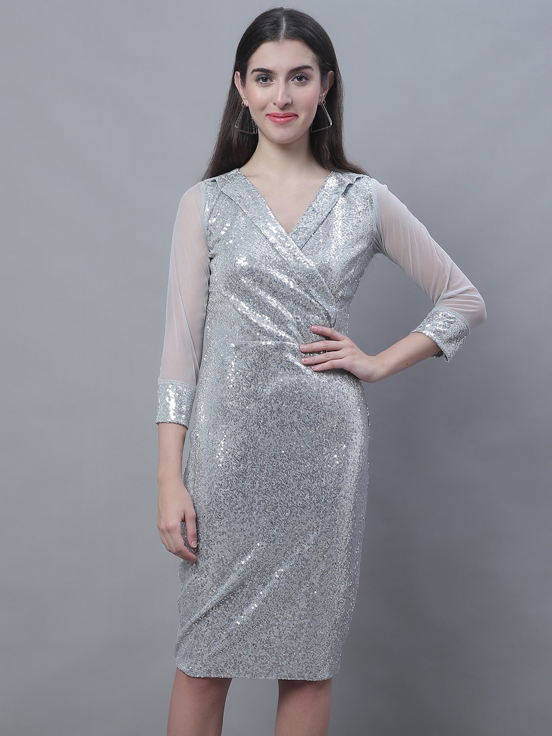 

Karmic Vision V Neck Sequined Embellished Sheath Dress, Silver