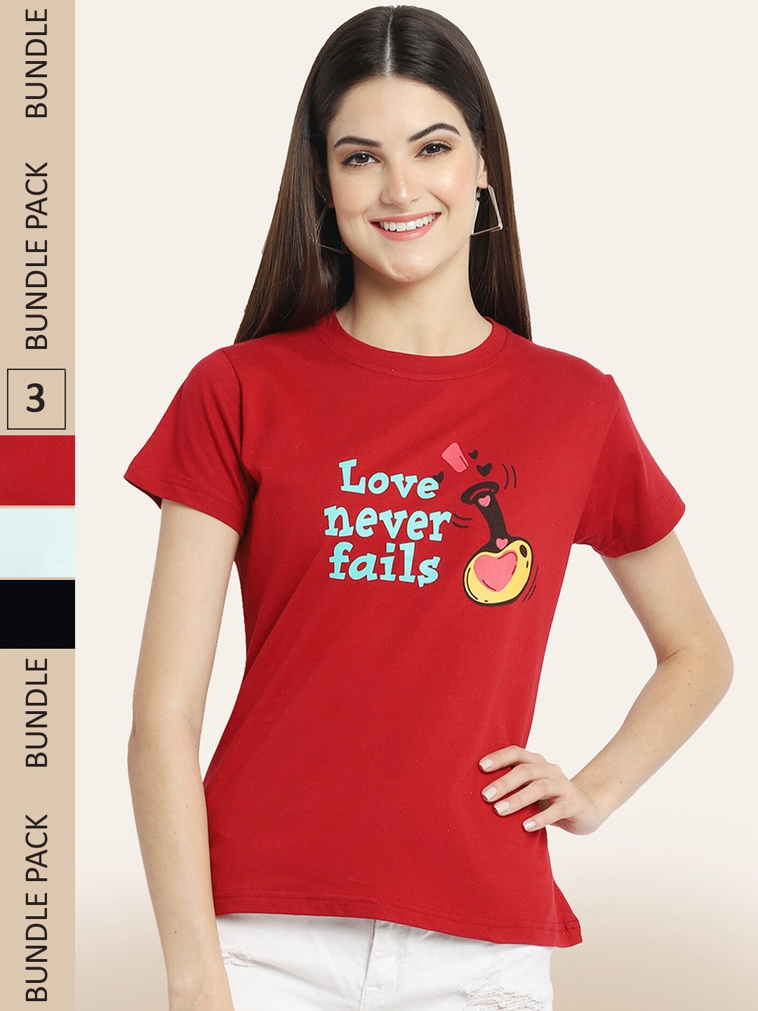 

BAESD Women Pack Of 3 Printed Cotton T-shirt, Red
