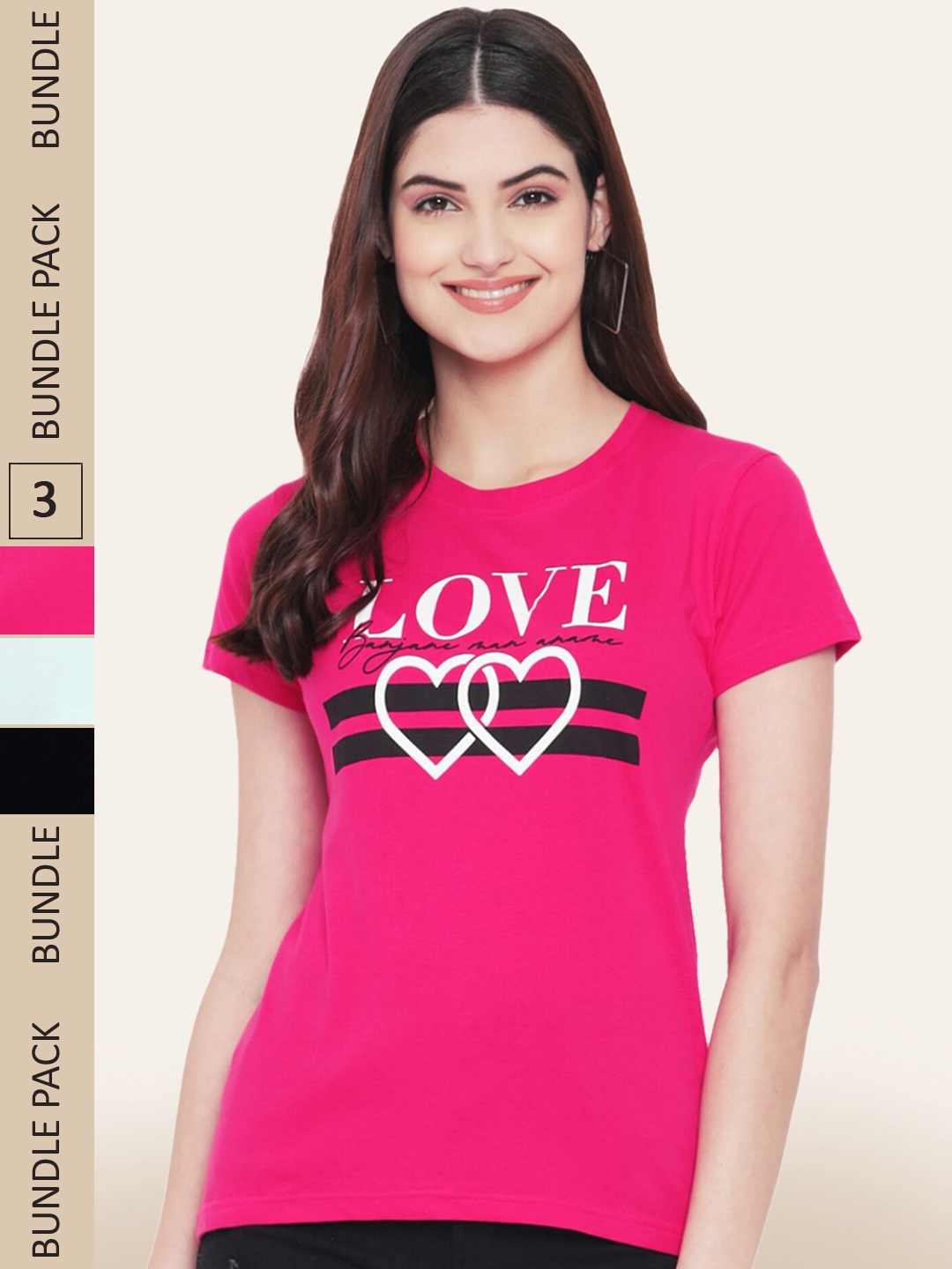 

BAESD Pack Of 3 Printed Cotton T-shirt, Pink