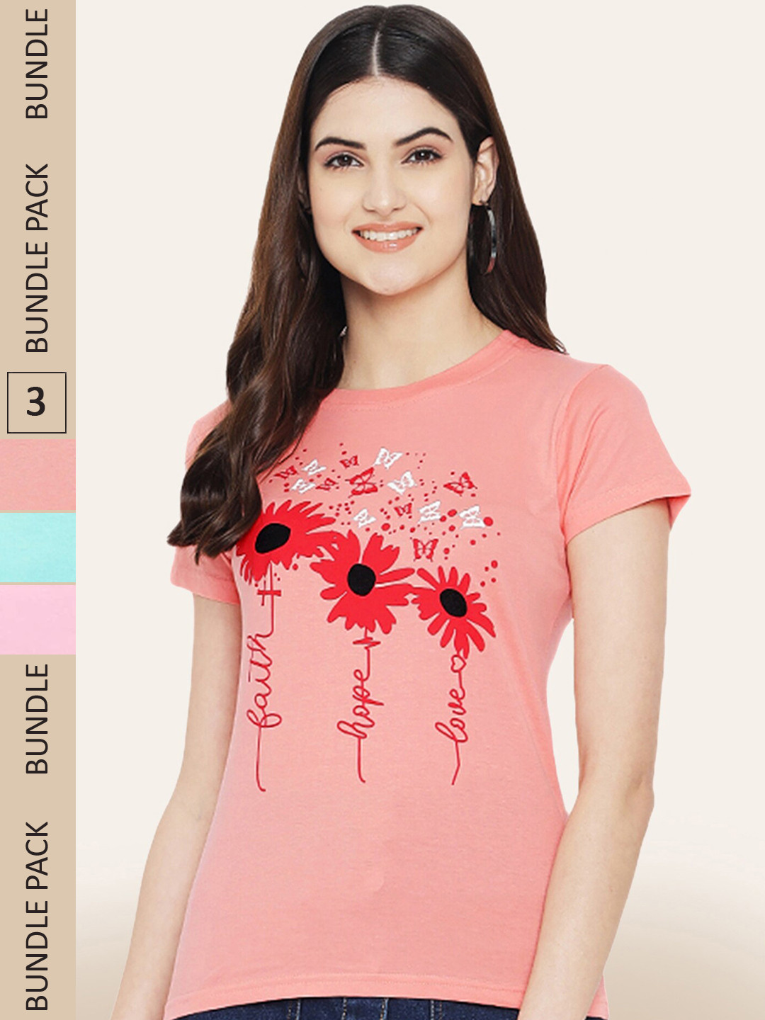 

BAESD Pack Of 3 Typography Printed Cotton T-shirt, Peach