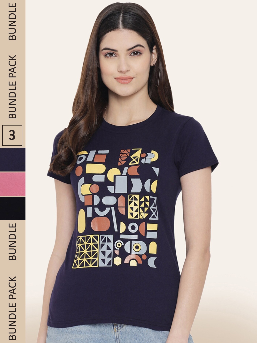 

BAESD Pack Of 3 Printed Round Neck Cotton T-Shirts, Navy blue