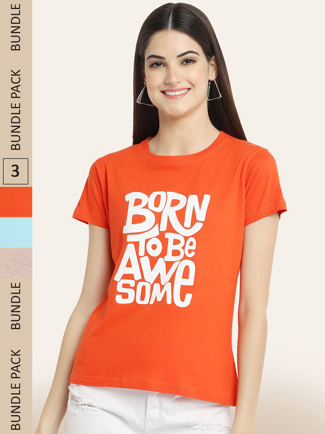 

BAESD Pack Of 3 Printed Typography Printed Cotton T-shirt, Orange