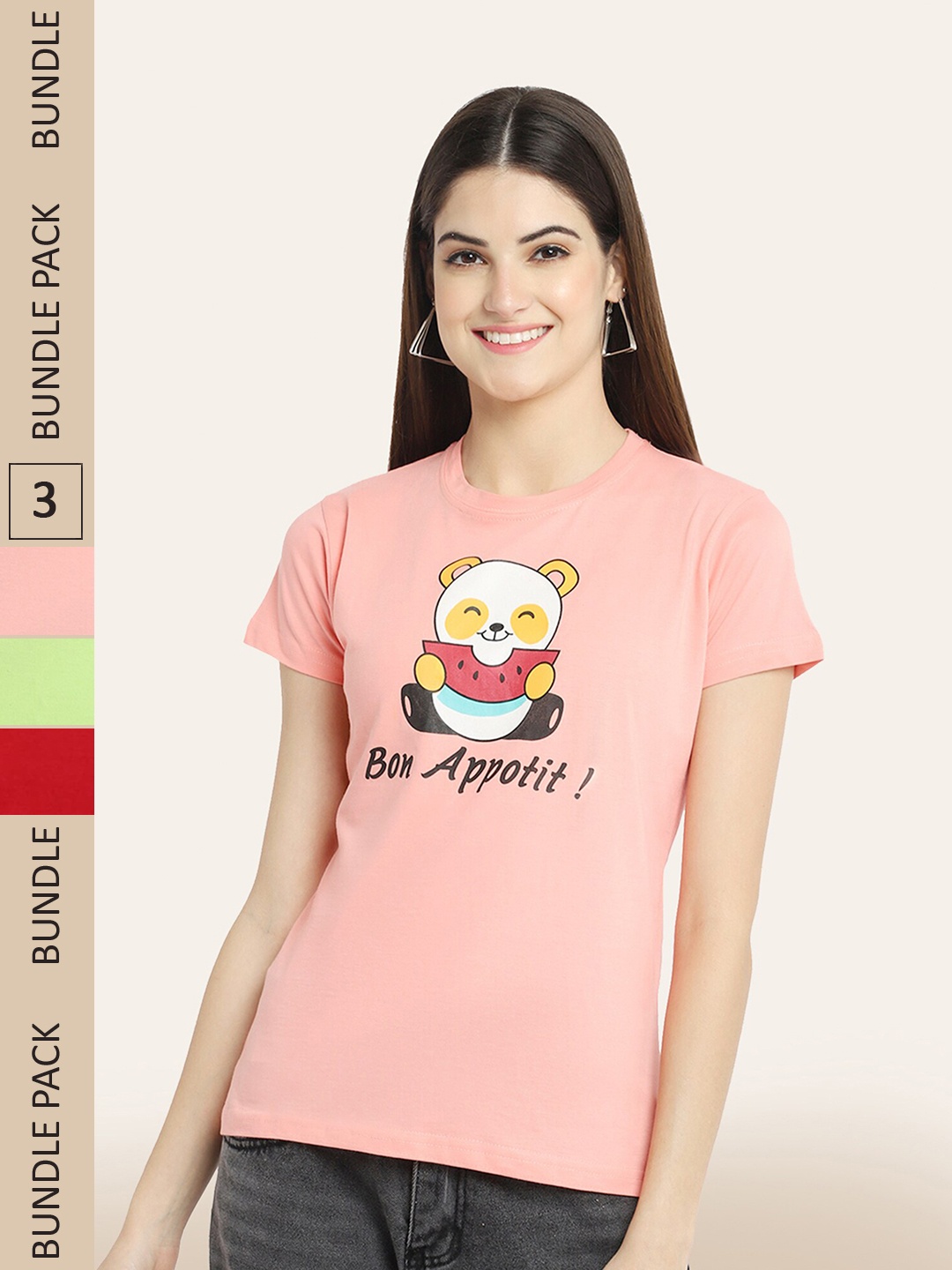 

BAESD Pack Of 3 Printed Cotton T-shirt, Pink