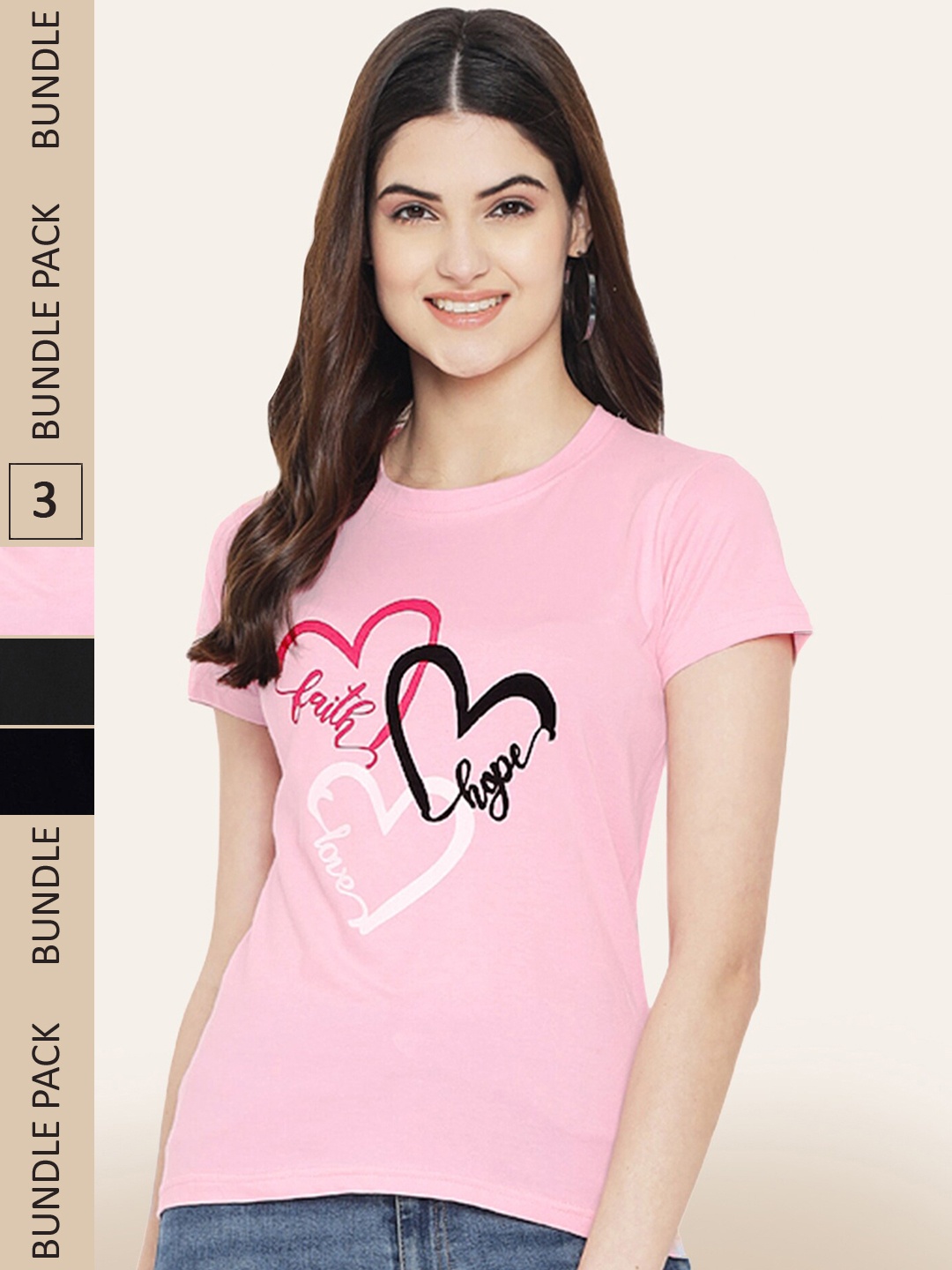 

BAESD Pack Of 3 Printed Round Neck Cotton T-Shirts, Pink