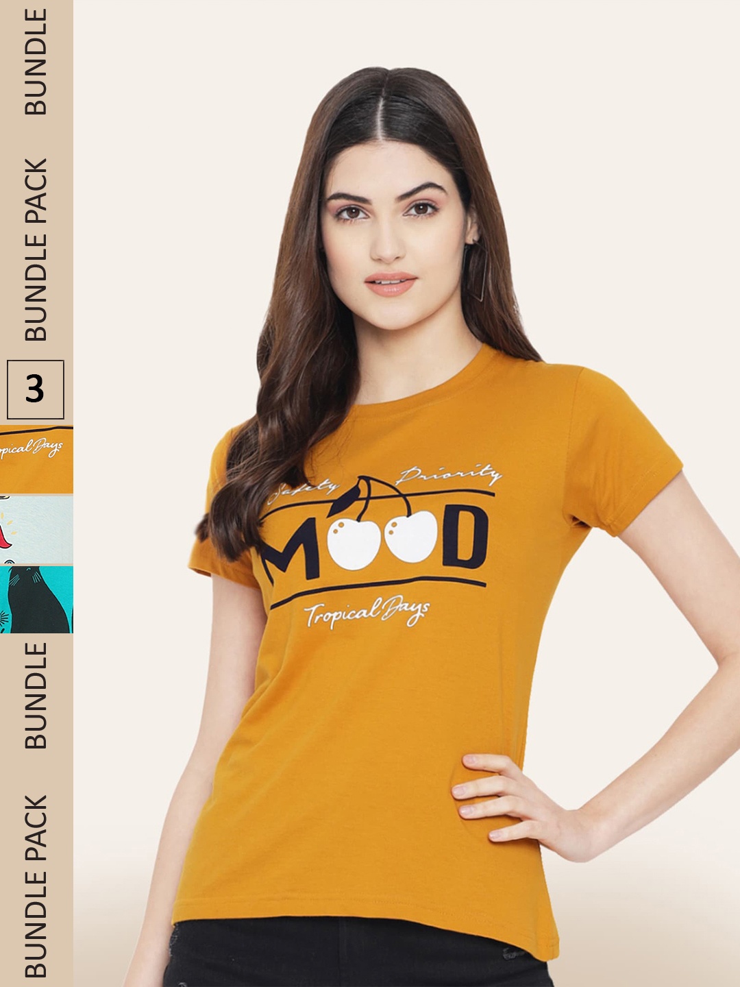 BAESD Pack Of 3 Typography Printed Cotton T-shirts, Mustard