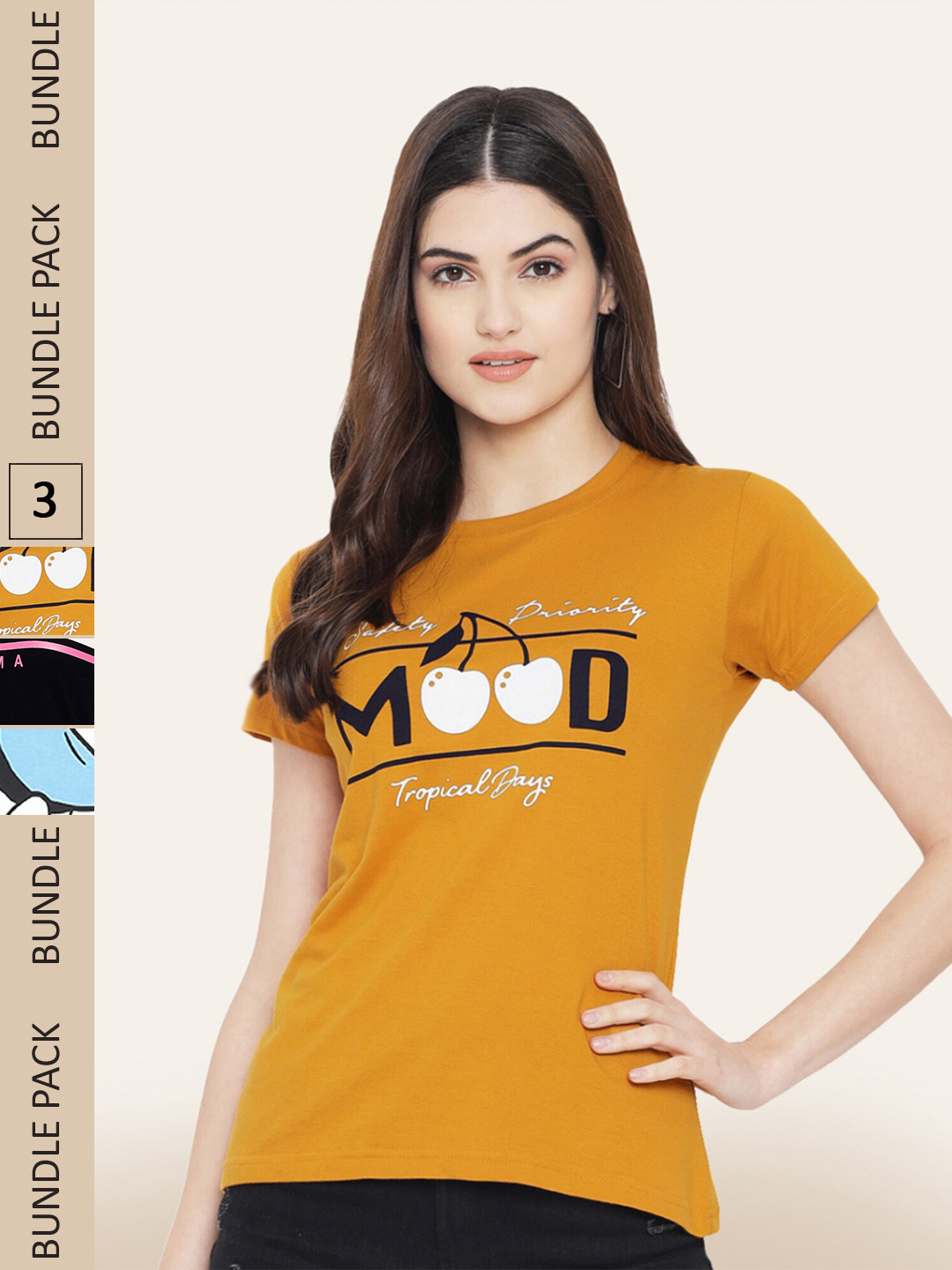 

BAESD Pack of 3 Typography Printed T-Shirts, Mustard