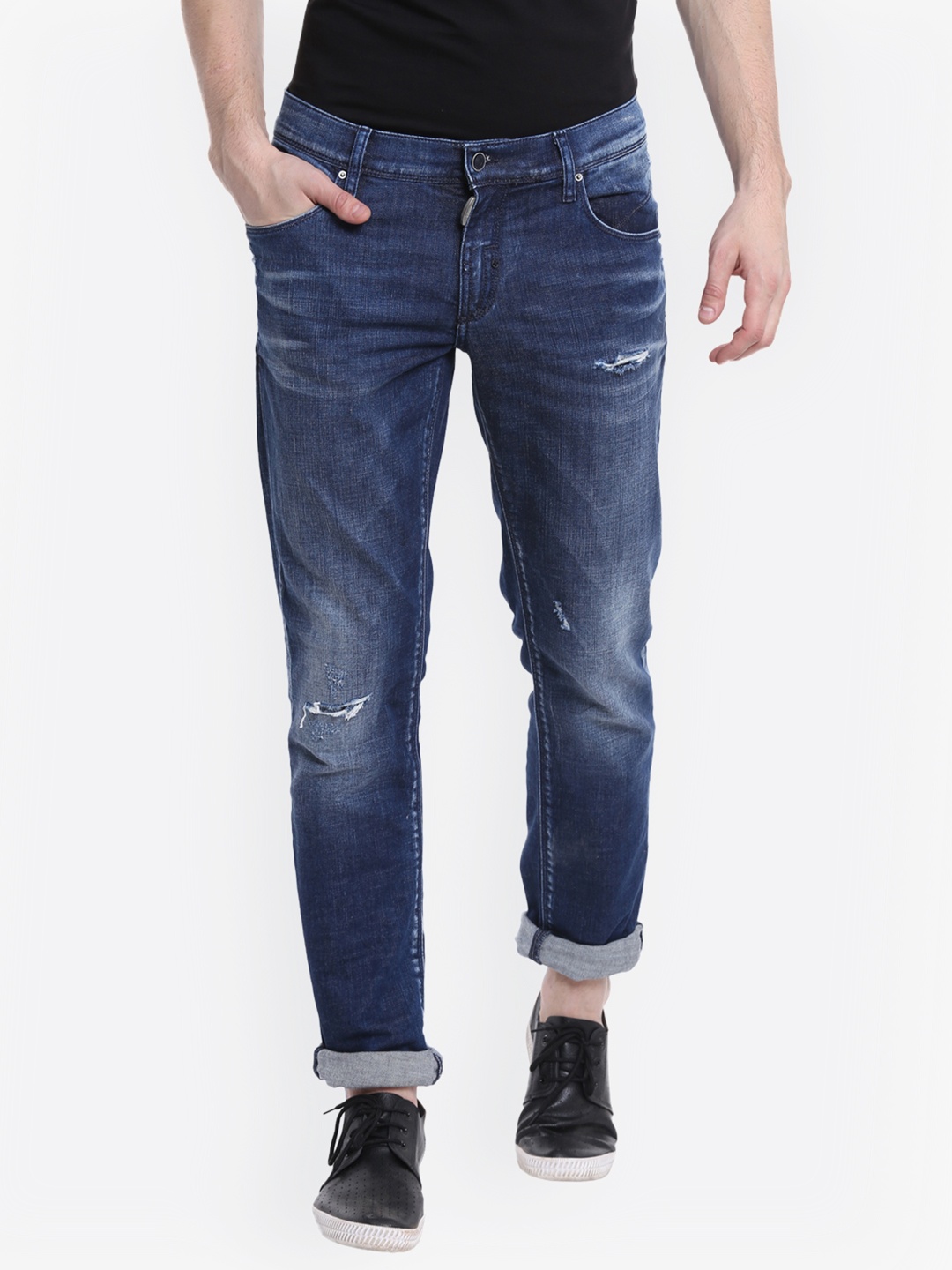 

Antony Morato Men Blue Slim Fit Mid-Rise Low Distress Jeans