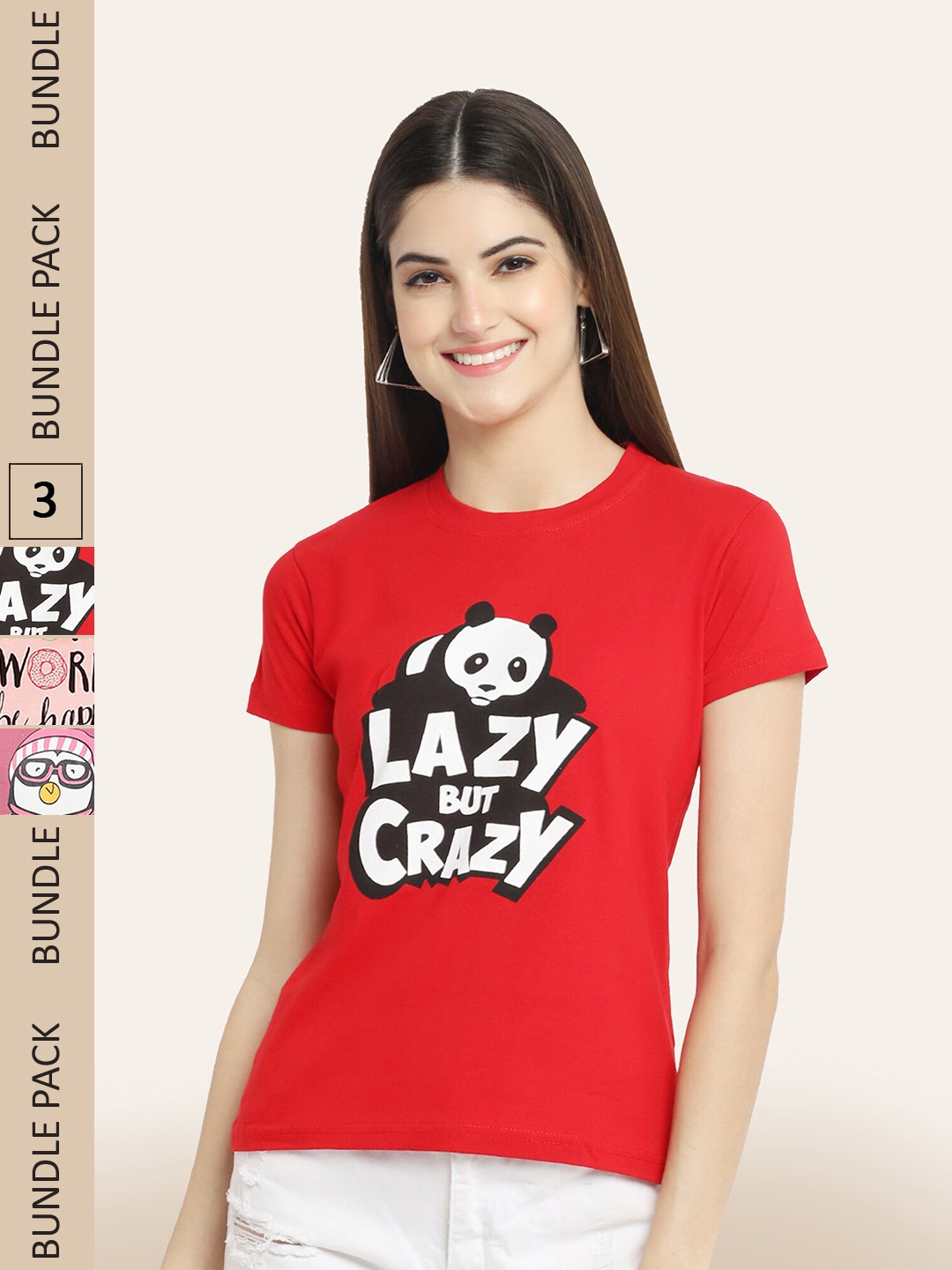BAESD Women Pack of 3 Printed Cotton T-shirts, Red