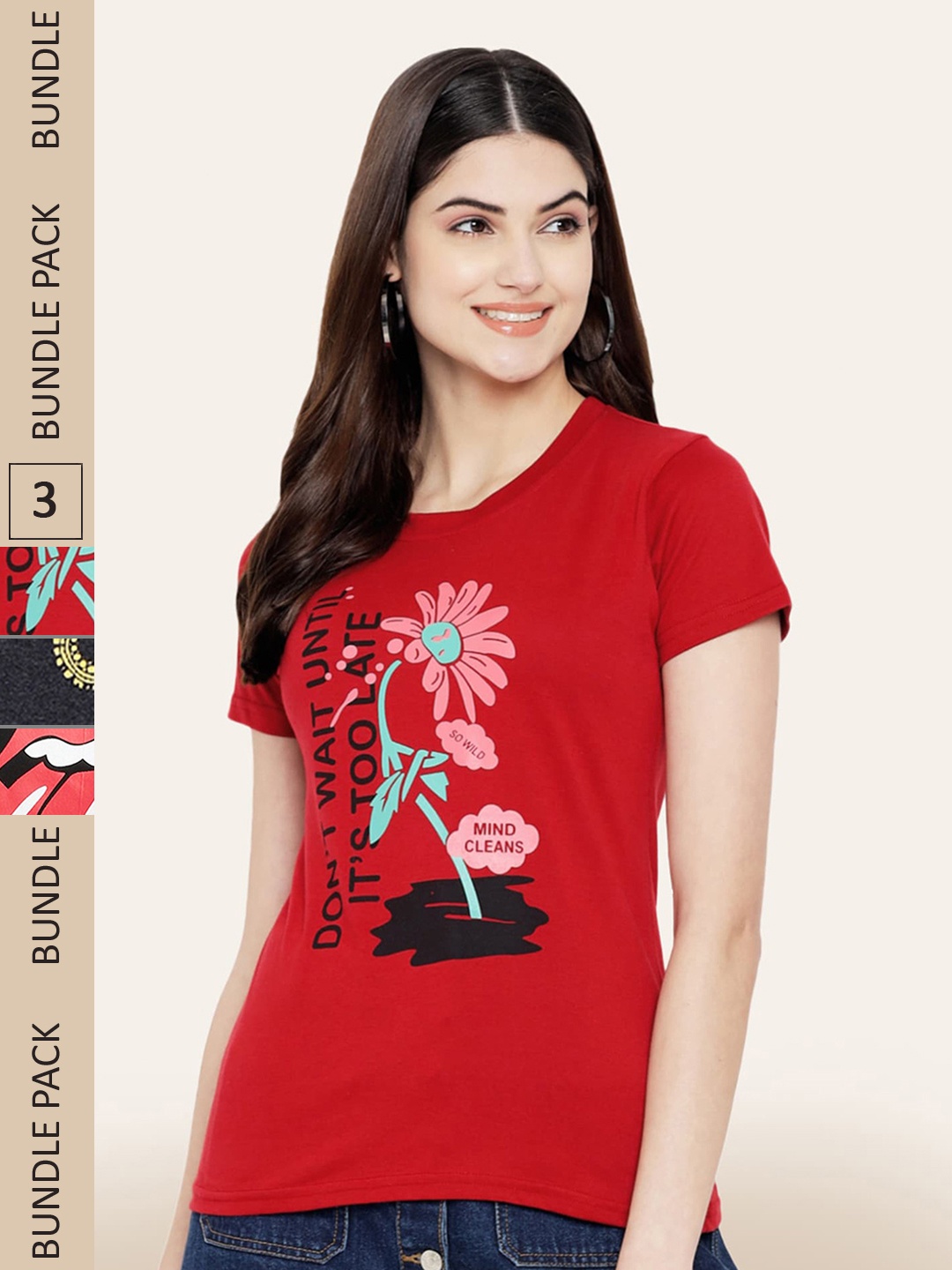

BAESD Pack Of 3 Typography Printed Cotton T-shirt, Red