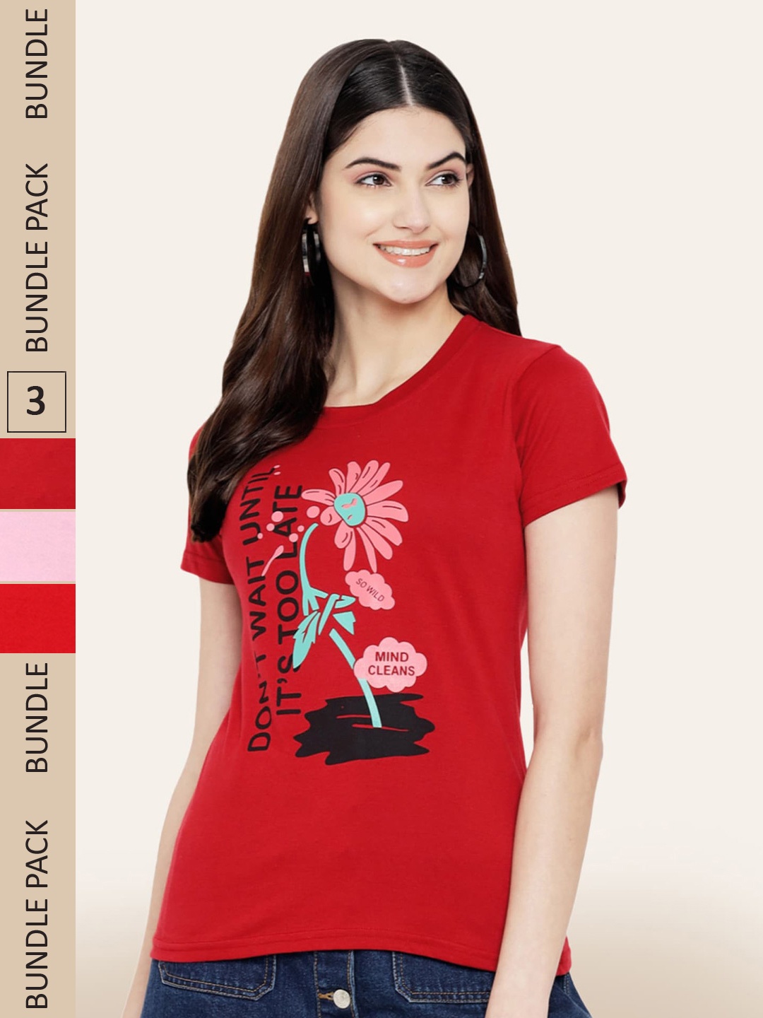 

BAESD Pack Of 3 Typography Printed Cotton T-shirt, Red