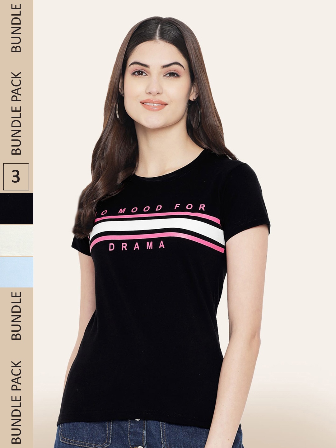 BAESD Women Pack of 3 Printed Cotton T-shirts, Black