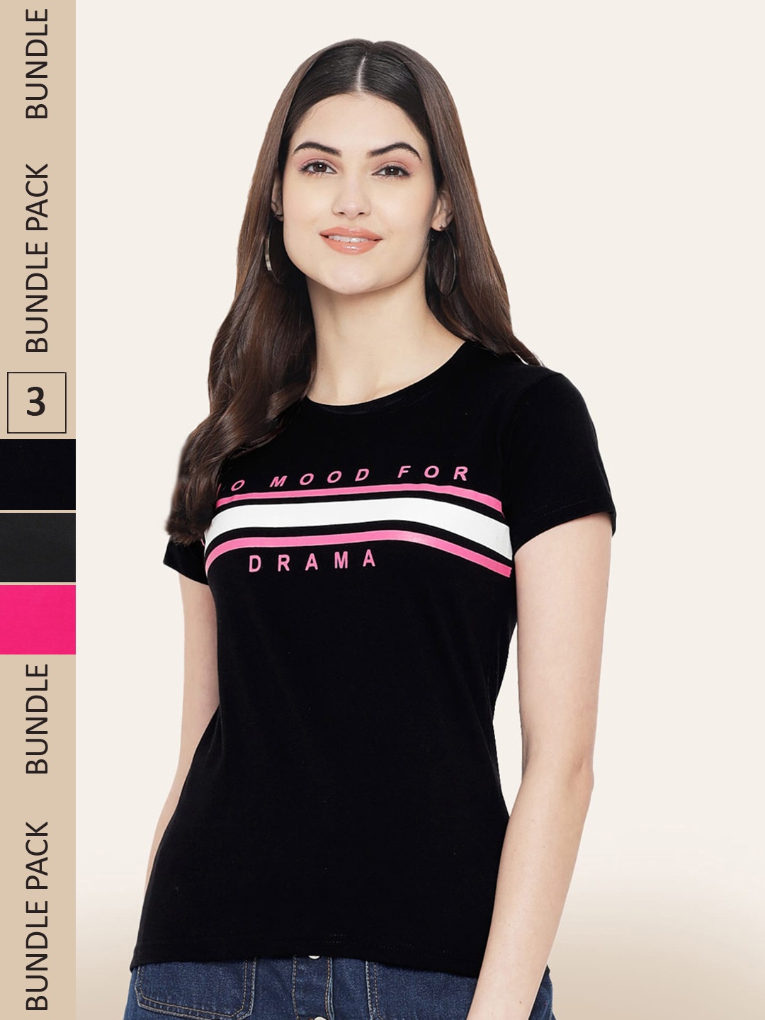 

BAESD Pack Of 3 Printed Round Neck Cotton T-Shirts, Black