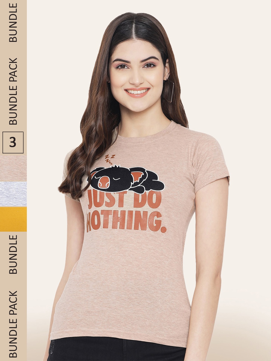 

BAESD Pack Of 3 Round Neck Printed Cotton T-shirt, Beige