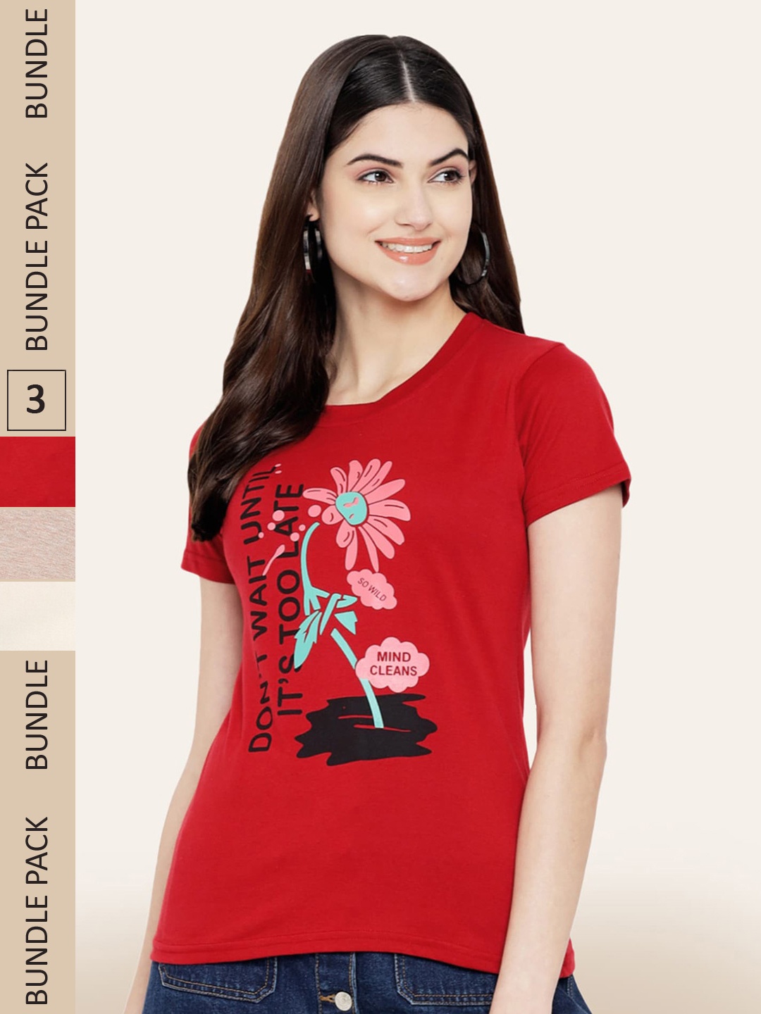 

BAESD Pack Of 3 Printed Typography Printed Cotton T-shirt, Red