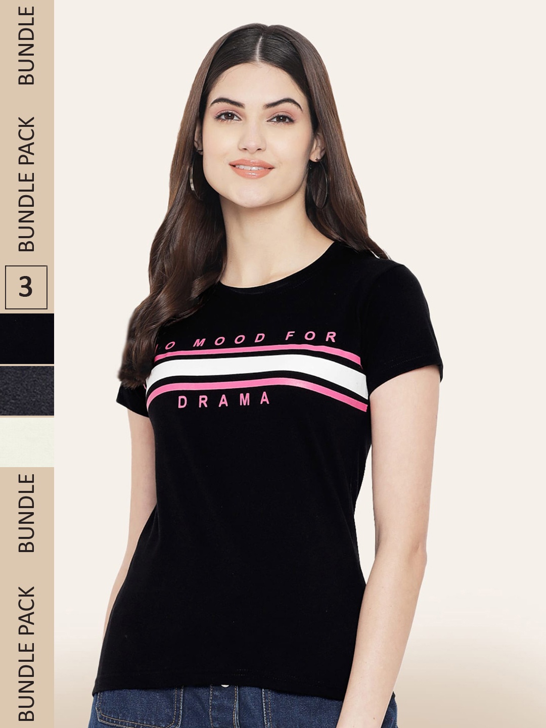 

BAESD Pack Of 3 Printed Round Neck Cotton T-Shirts, Black