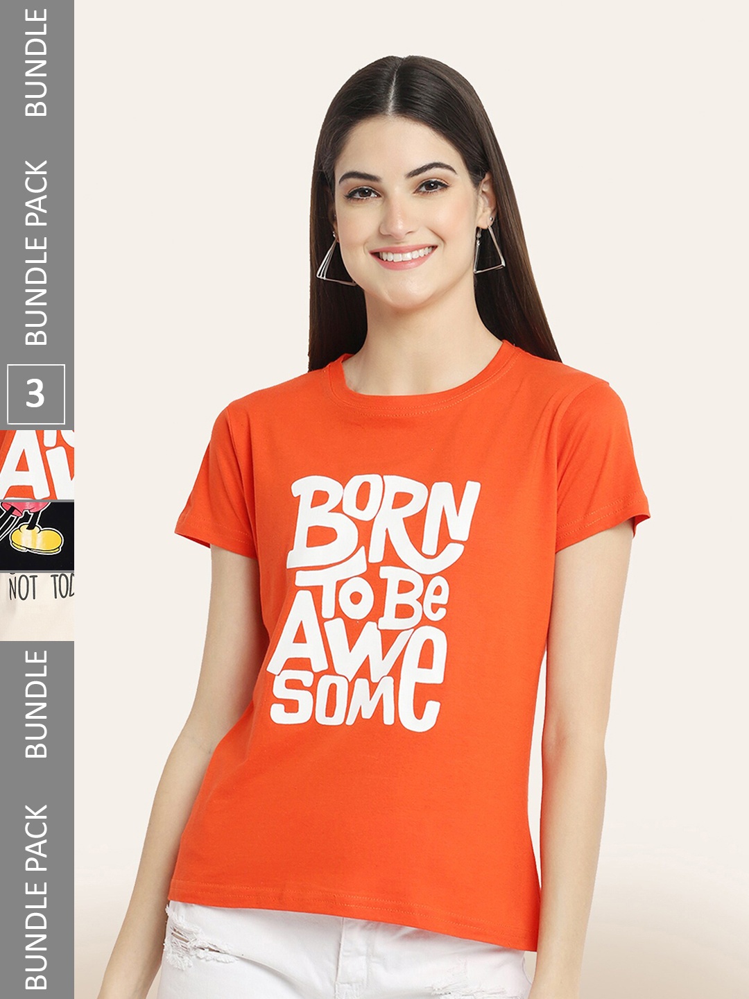 

BAESD Women Pack Of 3 Printed Cotton T-shirt, Orange