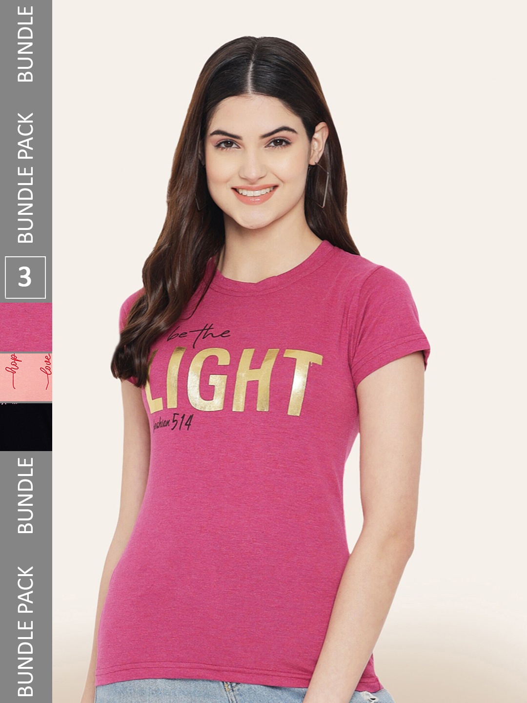 

BAESD Pack Of 3 Printed Cotton T-shirt, Pink