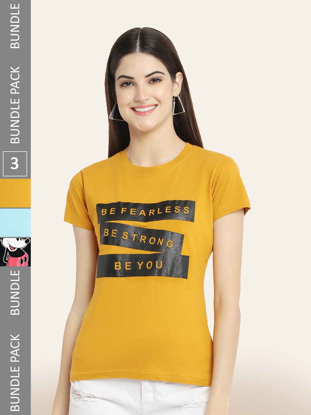

BAESD Pack Of 3 Printed Round Neck Cotton T-Shirts, Mustard