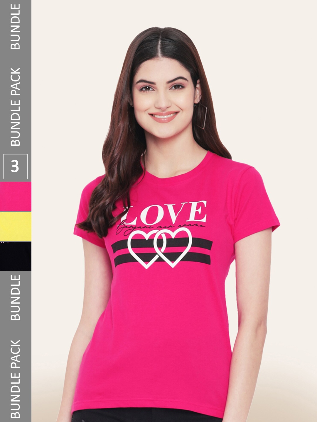 

BAESD Women Pack Of 3 Printed Cotton T-shirt, Pink