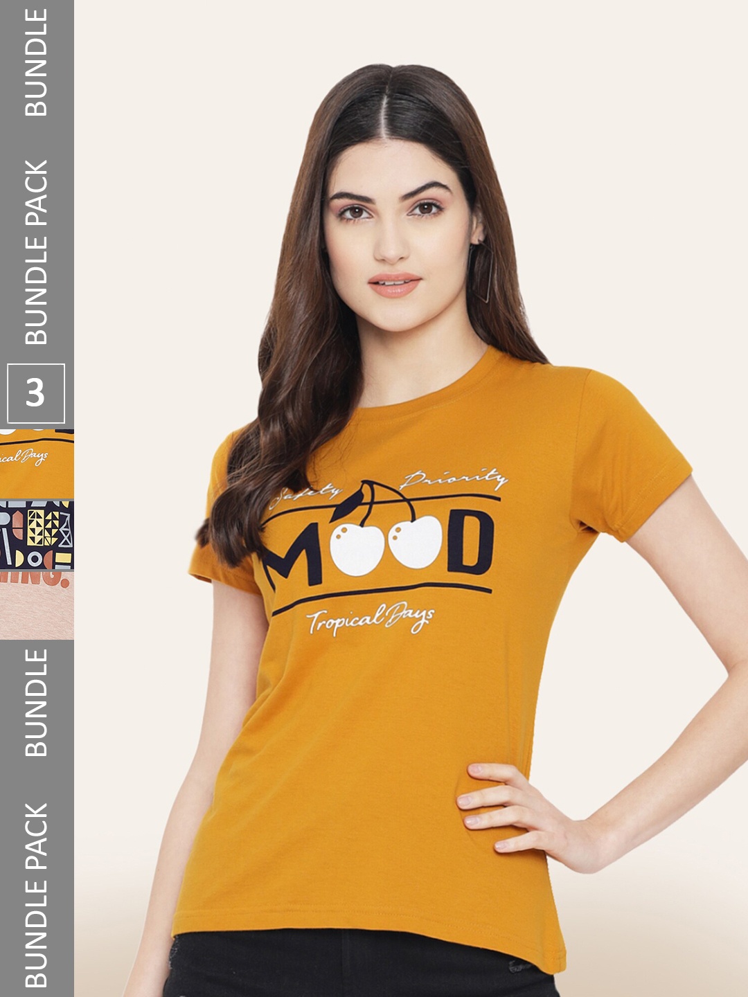 

BAESD Women Pack of 3 Printed Cotton T-shirts, Beige