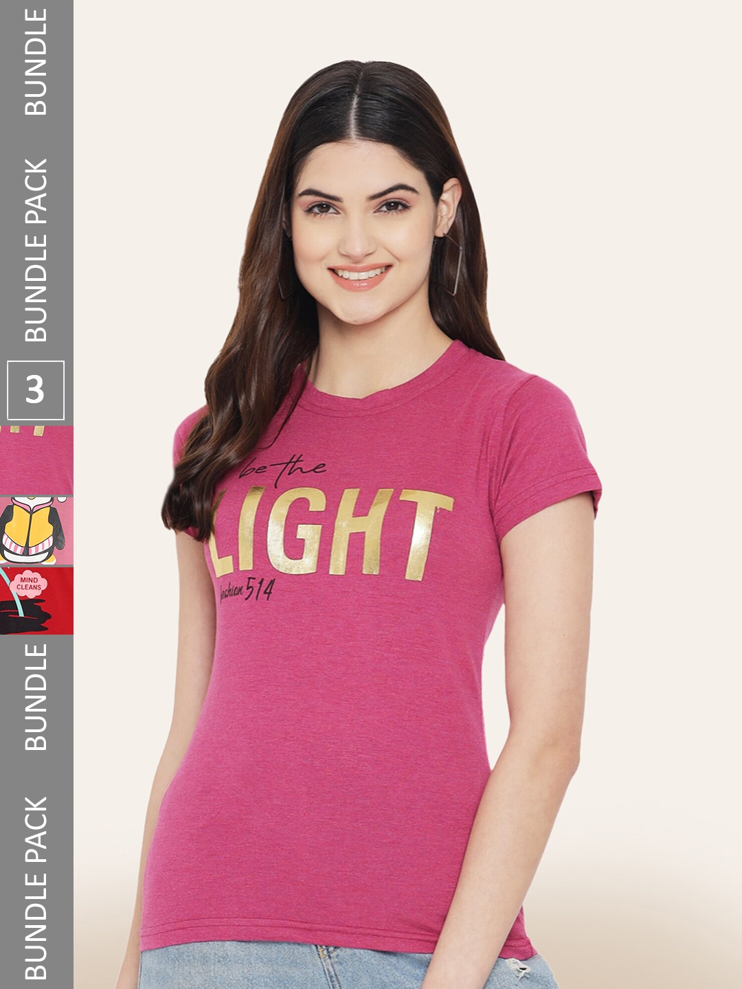 

BAESD Pack Of 3 Printed Round Neck Cotton T-Shirts, Pink