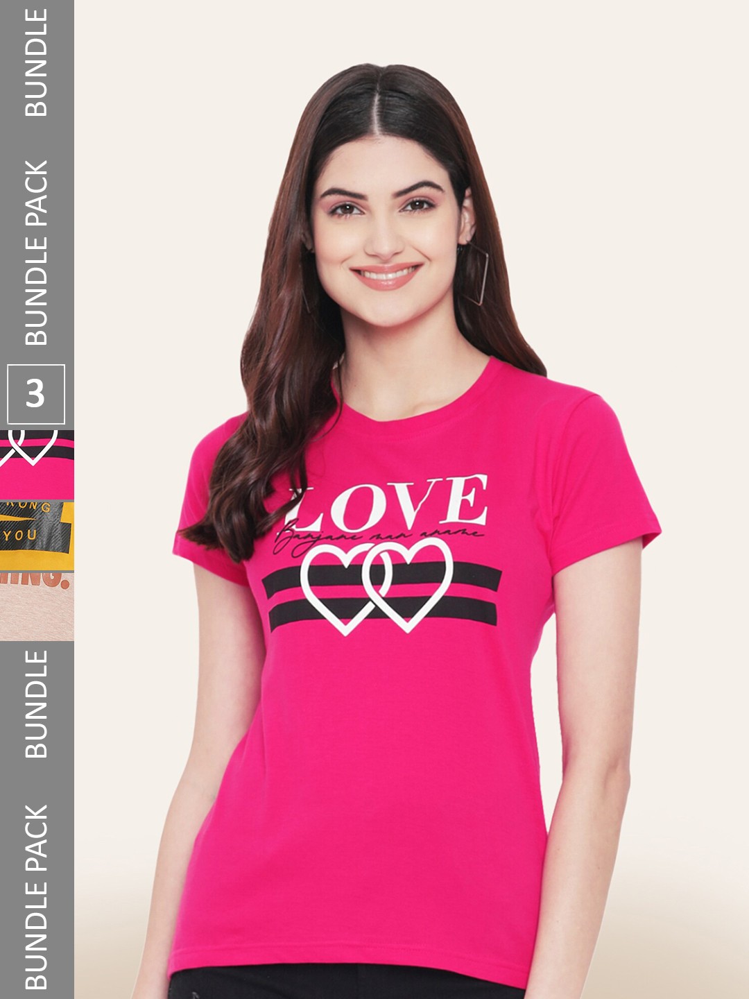 

BAESD Pack Of 3 Printed Cotton T-shirt, Pink