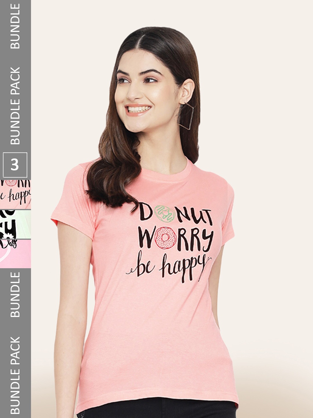 

BAESD Pack Of 3 Round Neck Printed Cotton T-shirt, Peach