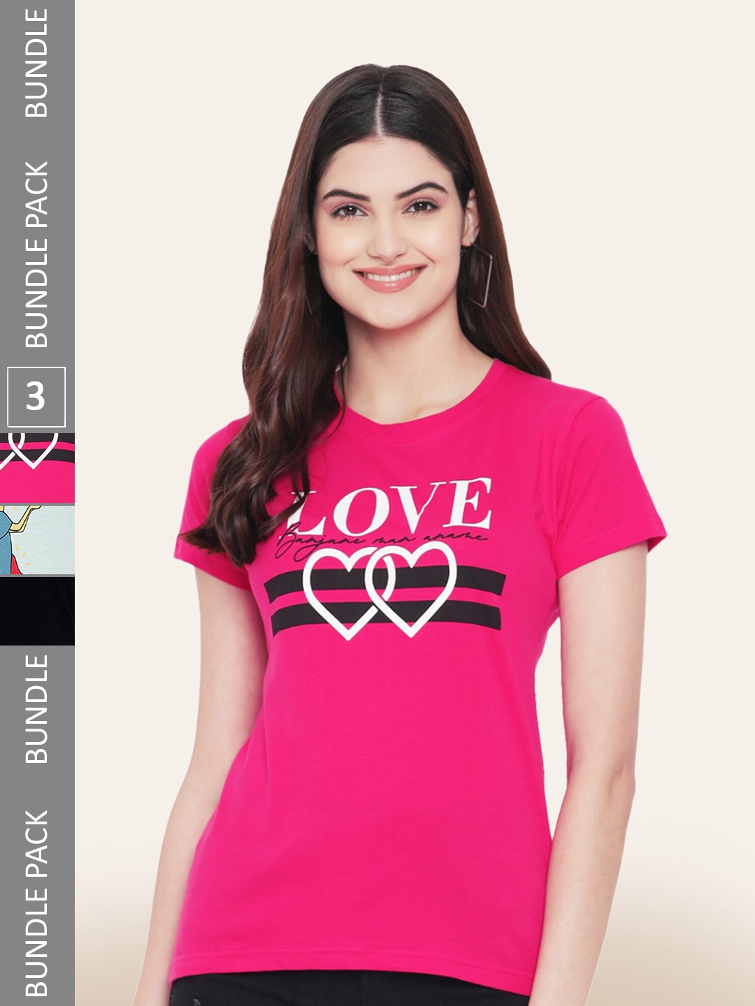 

BAESD Pack Of 3 Typography Printed Cotton T-shirt, Pink