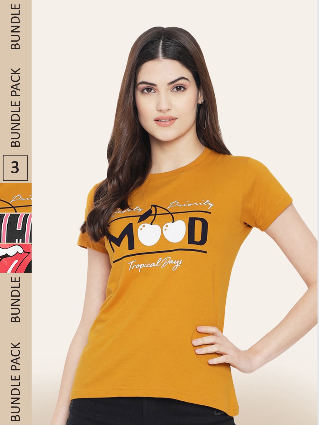 

BAESD Women Pack Of 3 Printed Cotton T-shirt, Mustard