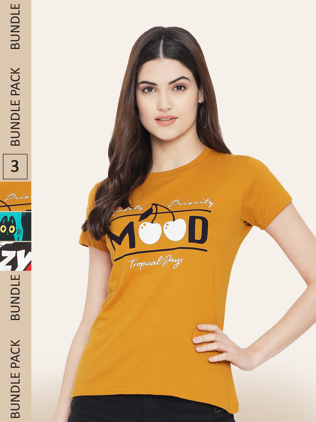 

BAESD Pack Of 3 Typography Printed Cotton T-shirts, Mustard