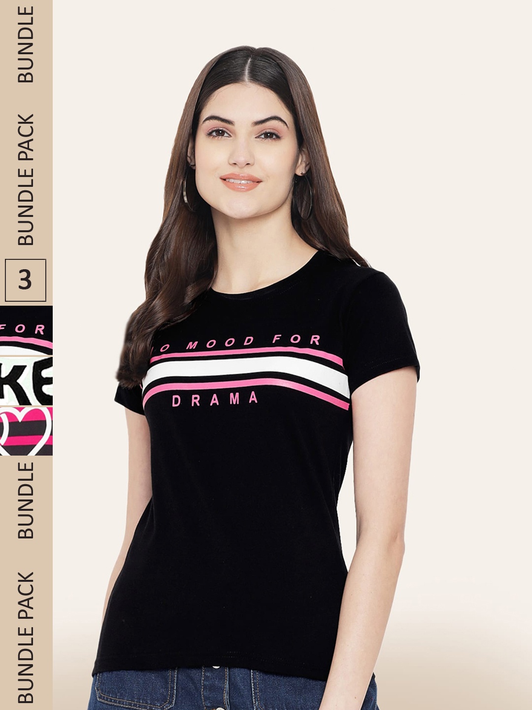 BAESD Women Pack Of 3 Printed Cotton T-shirt, Black