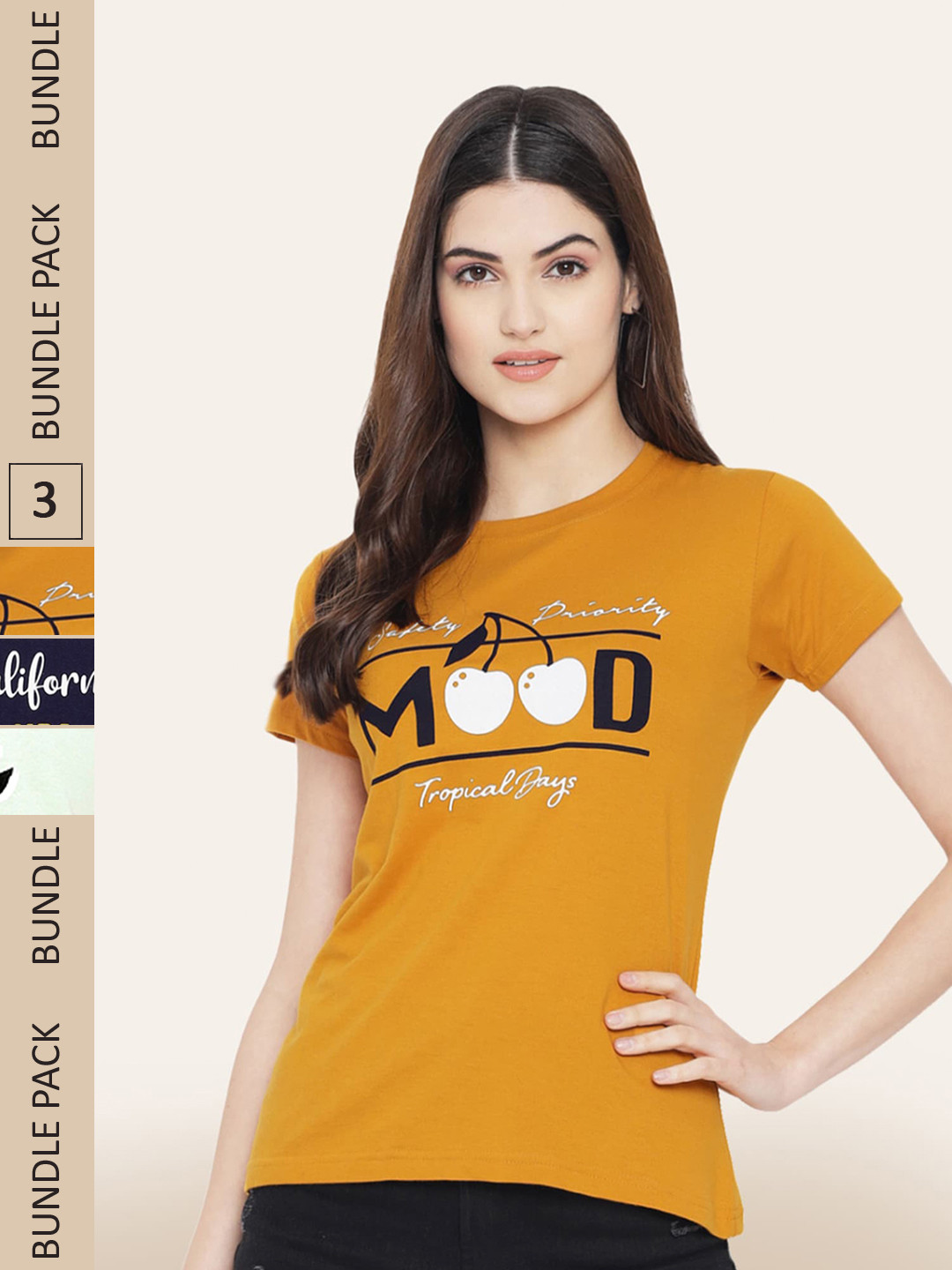 

BAESD Pack Of 3 Printed Casual Cotton T-shirts, Mustard