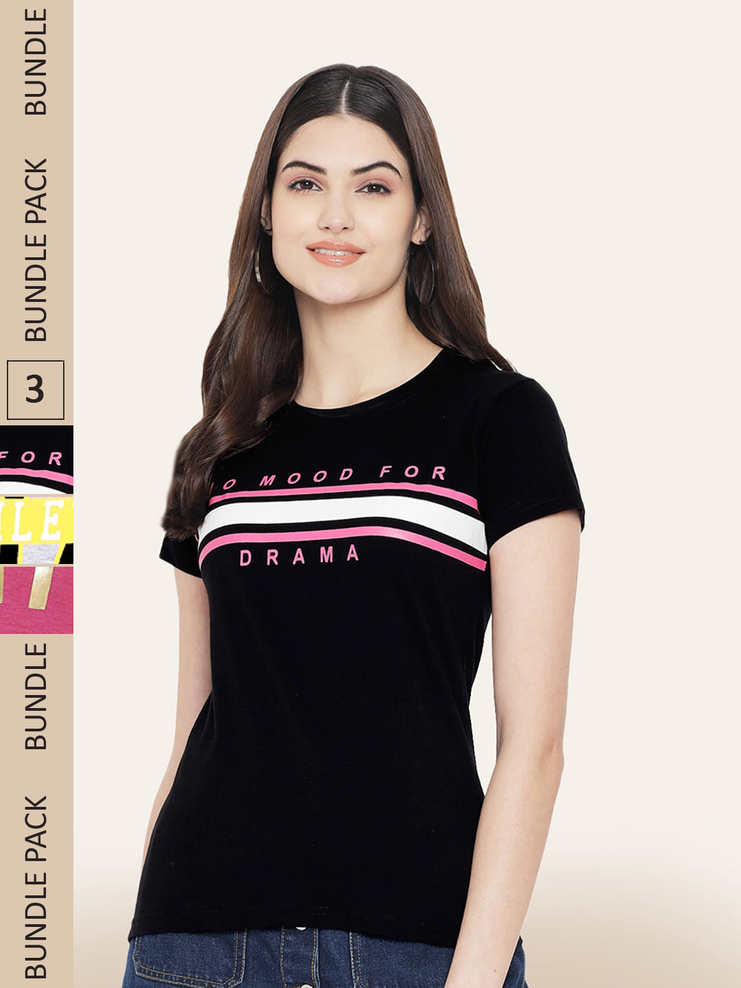

BAESD Women Pack Of 3 Printed Cotton T-shirt, Black