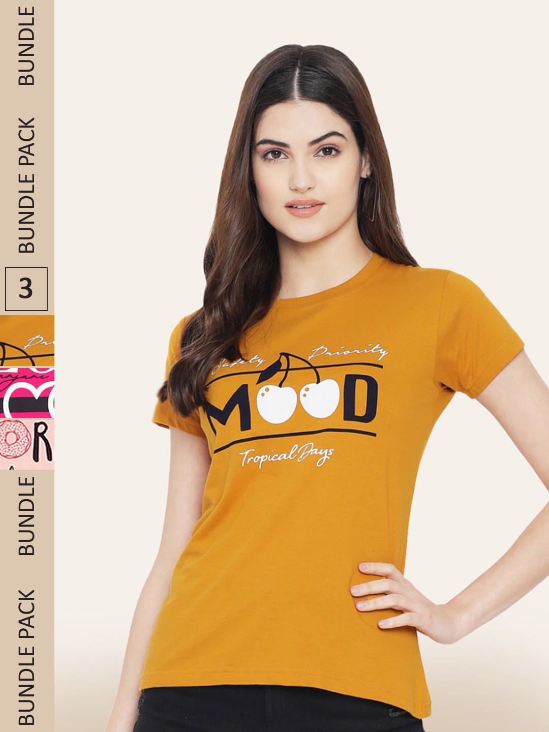 

BAESD Pack Of 3 Printed Cotton T-shirts, Mustard