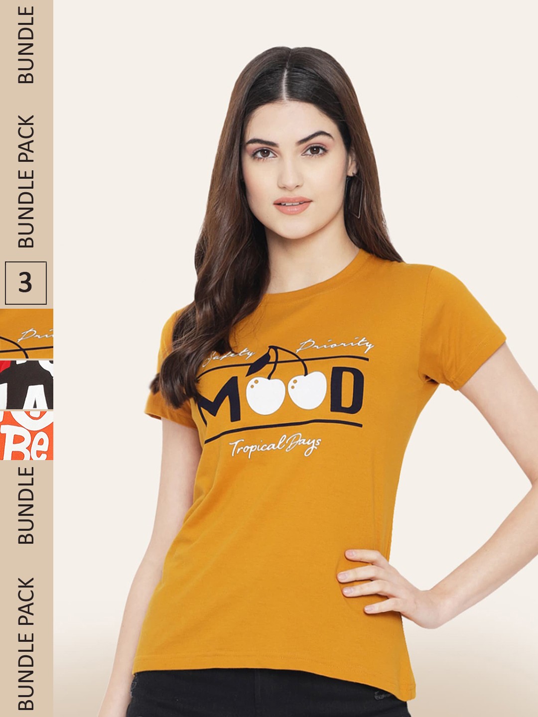 

BAESD Pack Of 3 Printed Round Neck Cotton T-Shirts, Mustard