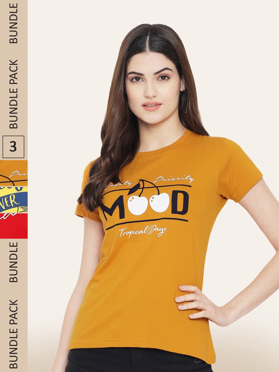 BAESD Women Pack Of 3 Typography Printed Cotton T-shirt, Mustard