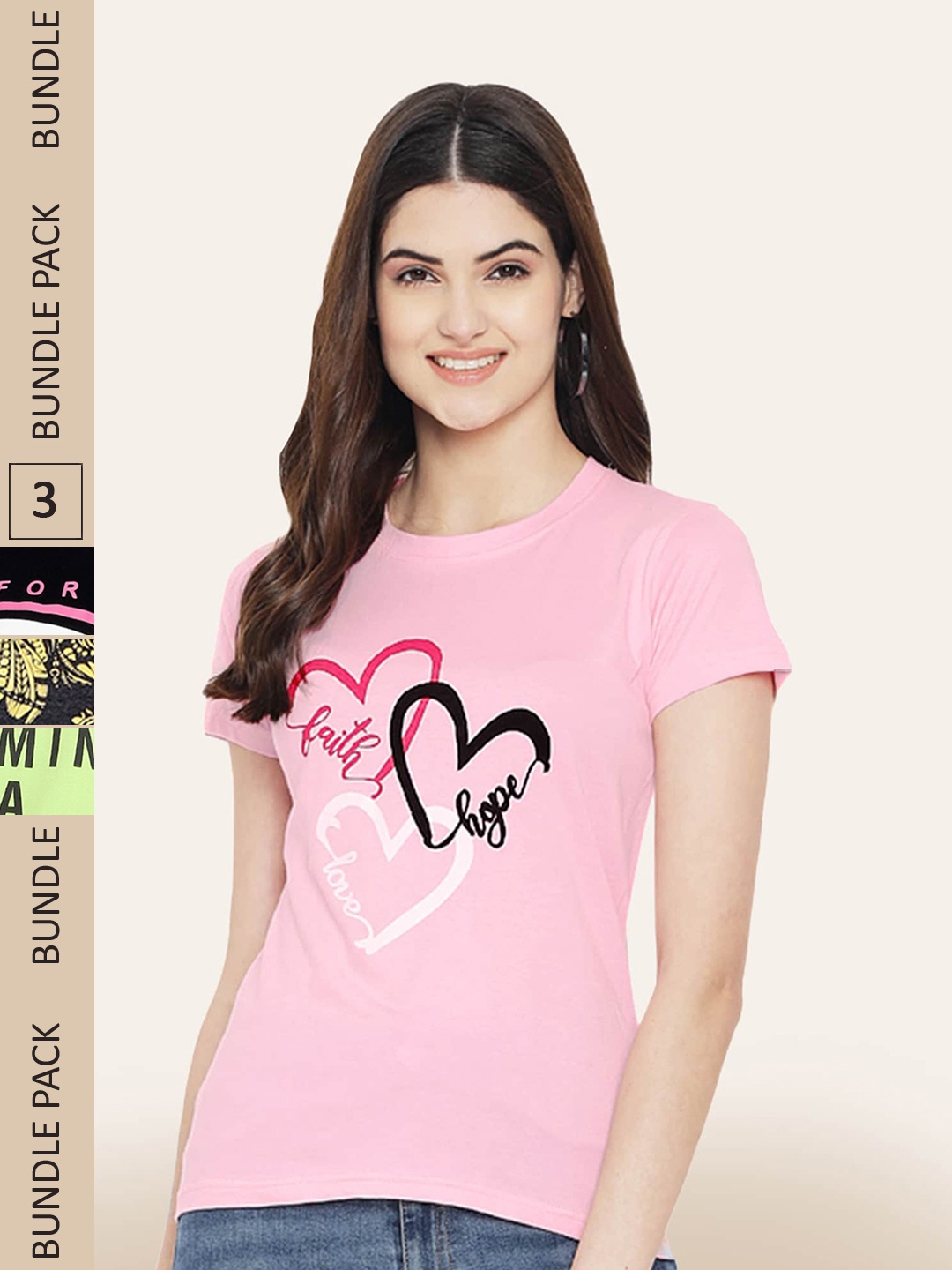 

BAESD Women Pack Of 3 Typography Printed Cotton T-shirt, Pink