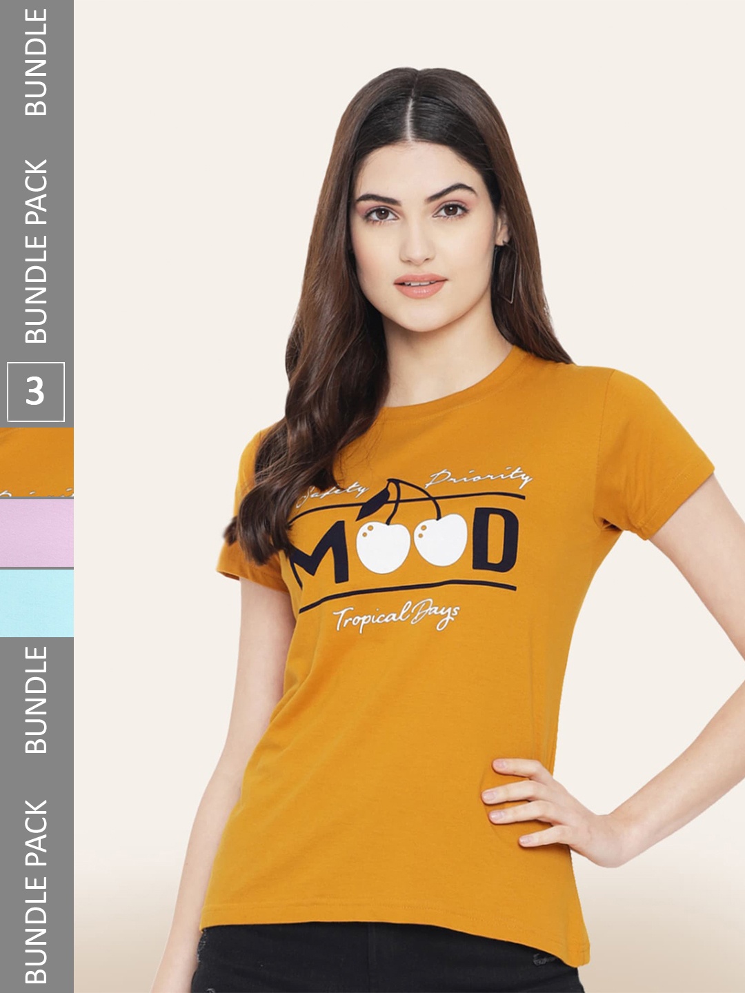 

BAESD Pack Of 3 Printed Cotton T-shirts, Mustard